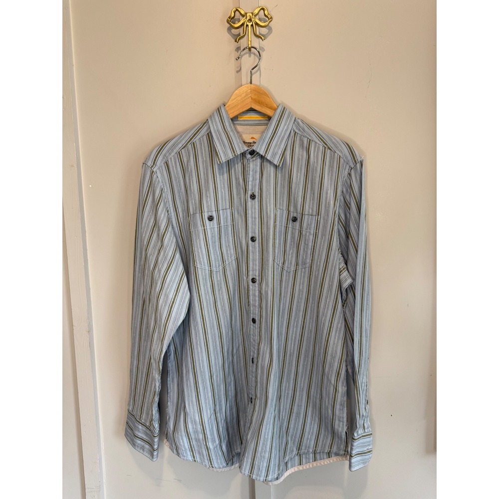 Tommy Bahama Island Mens Small Blue‎ Olive Striped Cotton Button Down Shirt